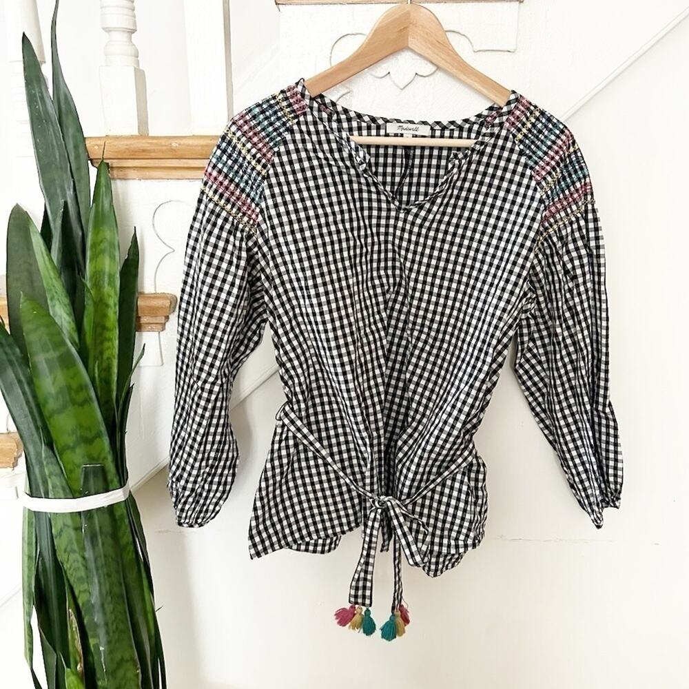 Madewell Black White Balloon Sleeve Tie Waist Smocked Gingham Top Size M